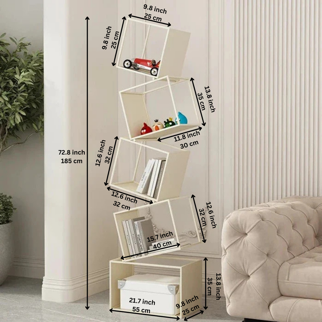 Modern Metal Bookcase with Tilted Cube Shelves, 185cm Tall