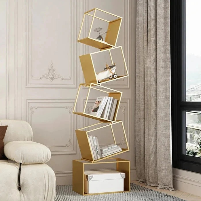 Modern Metal Bookcase with Tilted Cube Shelves, 185cm Tall