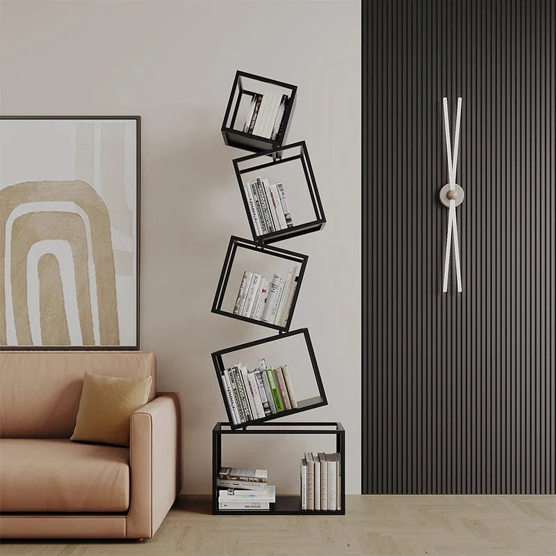 Modern Metal Bookcase with Tilted Cube Shelves, 185cm Tall