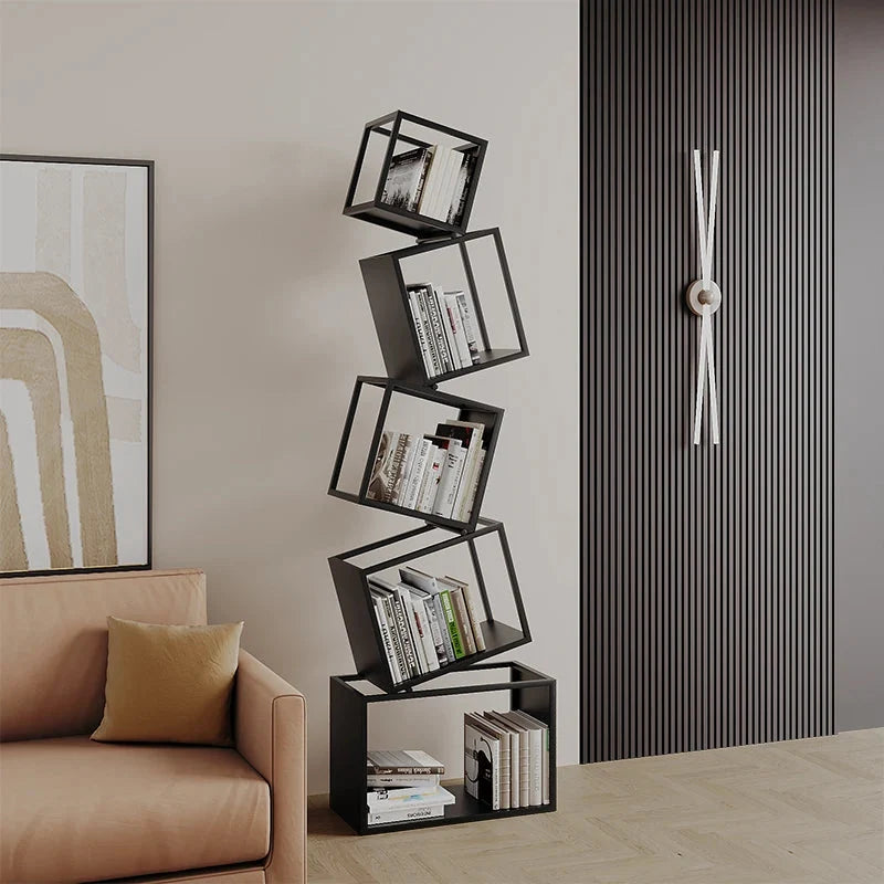 Modern Metal Bookcase with Tilted Cube Shelves, 185cm Tall