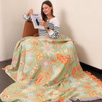 Cotton Throw with Boho Floral Pattern and Fringed Edges