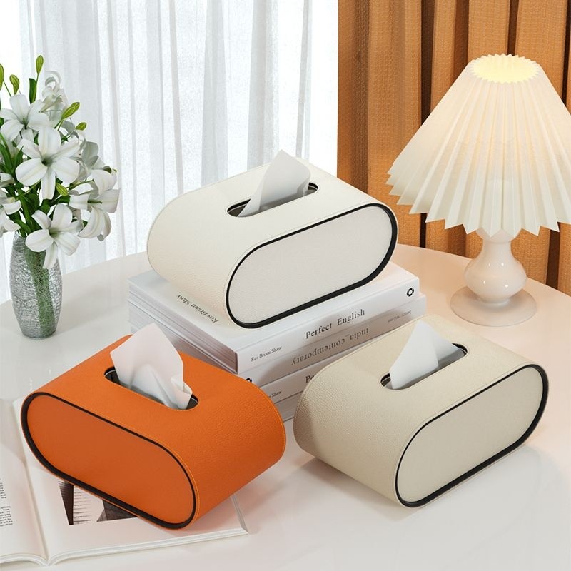 Oval Leather Look Tissue Box Cover 22 cm in Orange