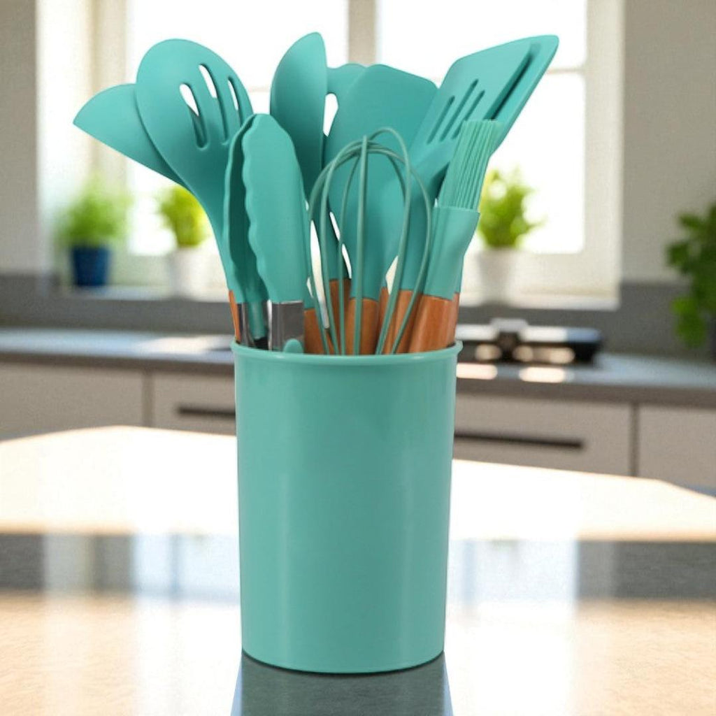 12 Piece Silicone Kitchen Utensil Set with Bamboo Handles