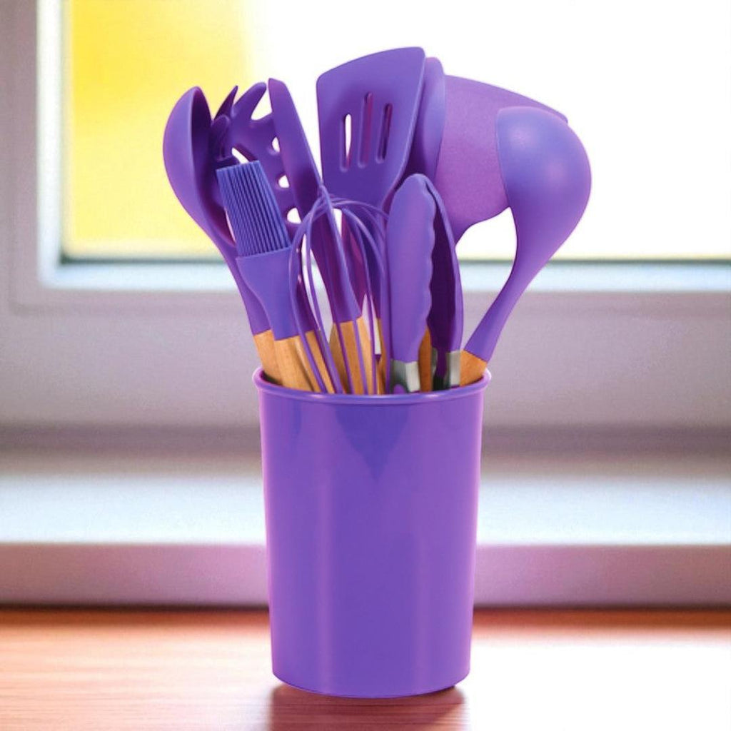 12 Piece Silicone Kitchen Utensil Set with Bamboo Handles