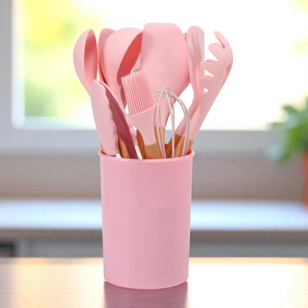 12 Piece Silicone Kitchen Utensil Set with Bamboo Handles