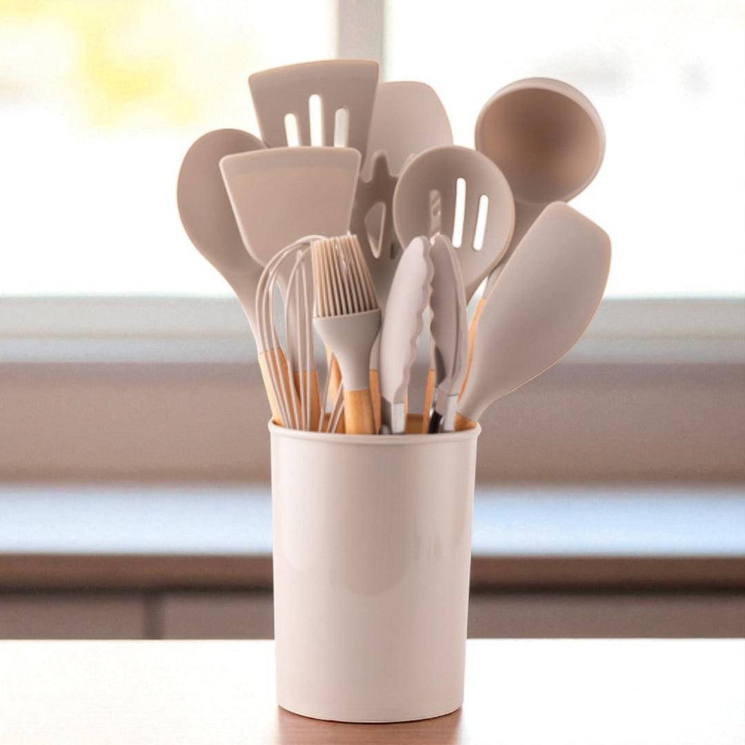 12 Piece Silicone Kitchen Utensil Set with Bamboo Handles