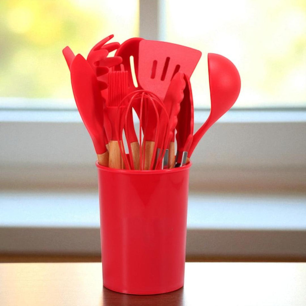 12 Piece Silicone Kitchen Utensil Set with Bamboo Handles