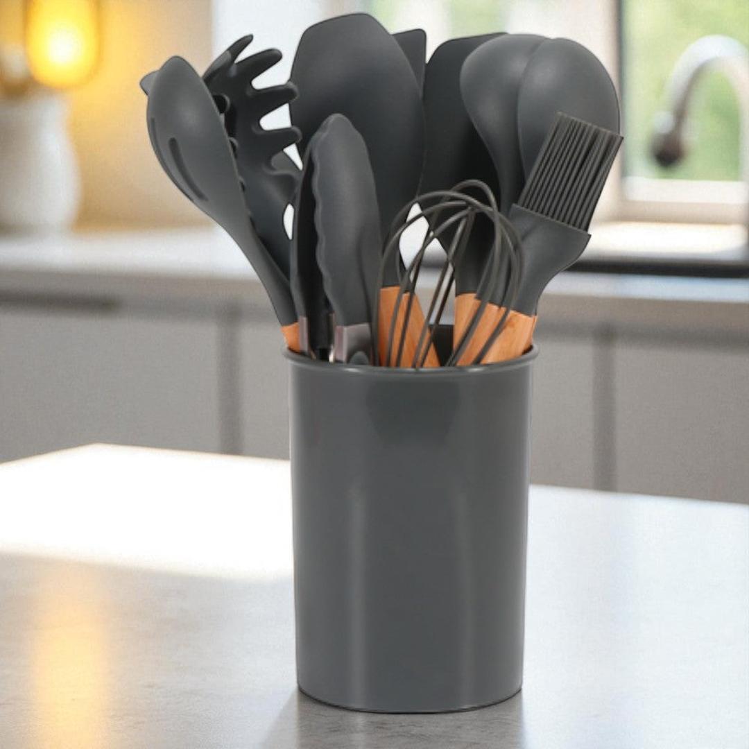 12 Piece Silicone Kitchen Utensil Set with Bamboo Handles