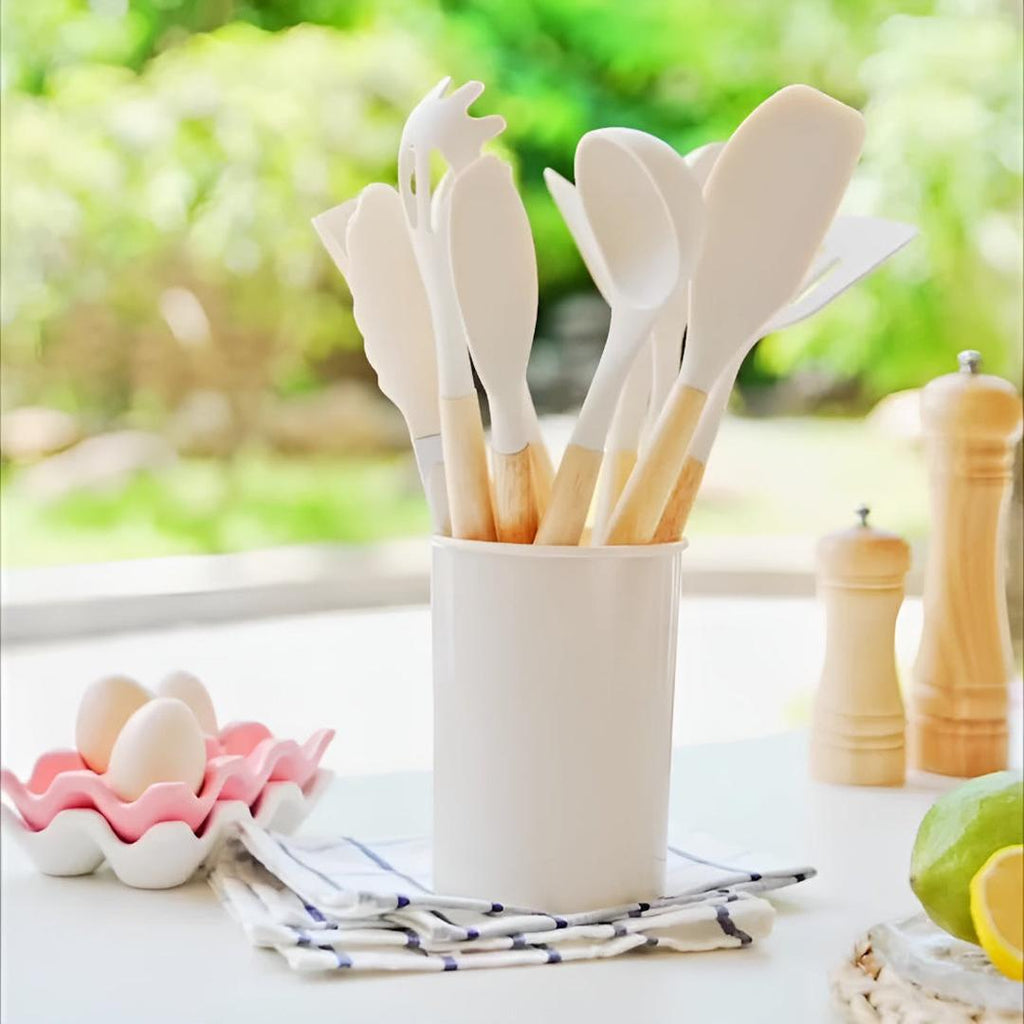 12 Piece Silicone Kitchen Utensil Set with Bamboo Handles