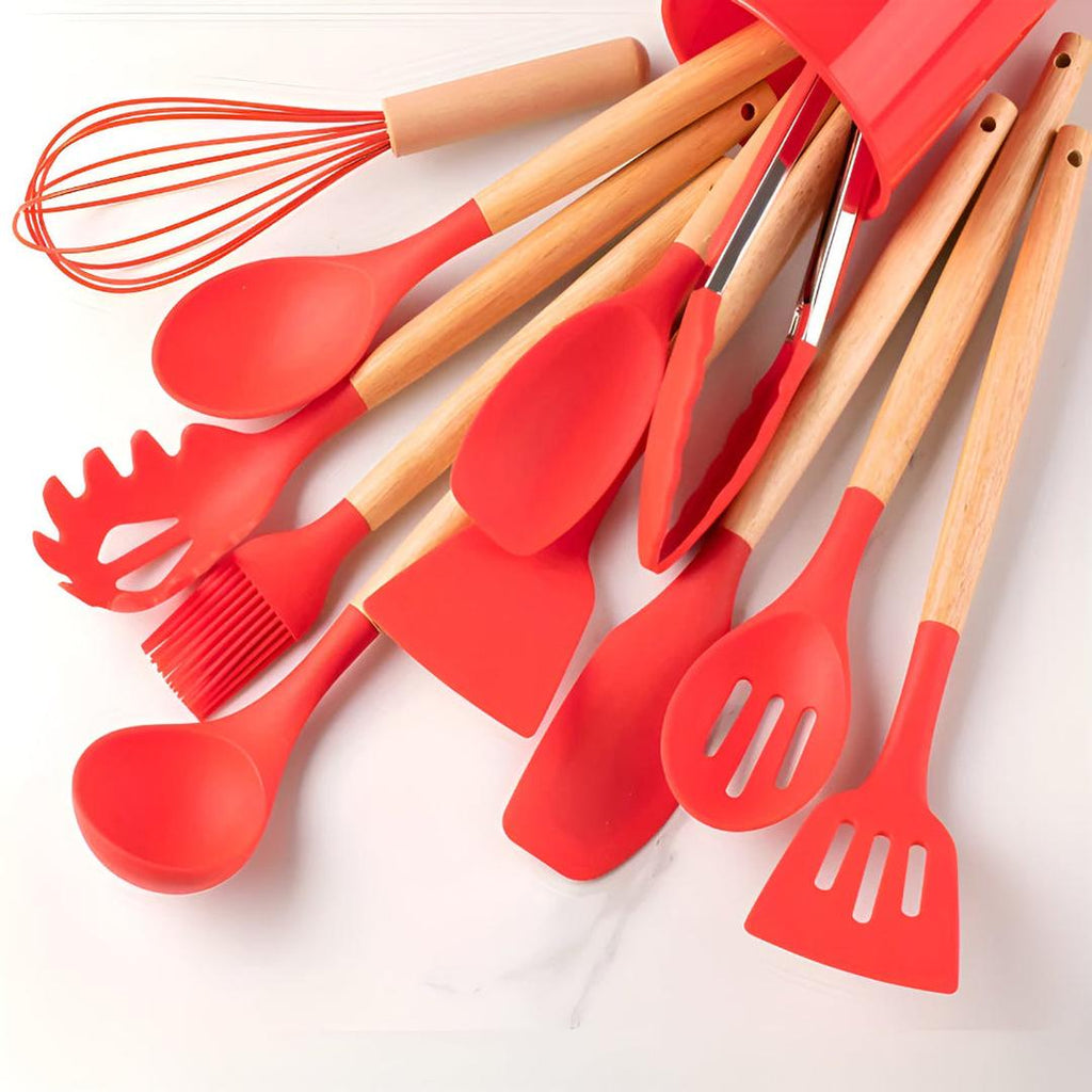 12 Piece Silicone Kitchen Utensil Set with Bamboo Handles