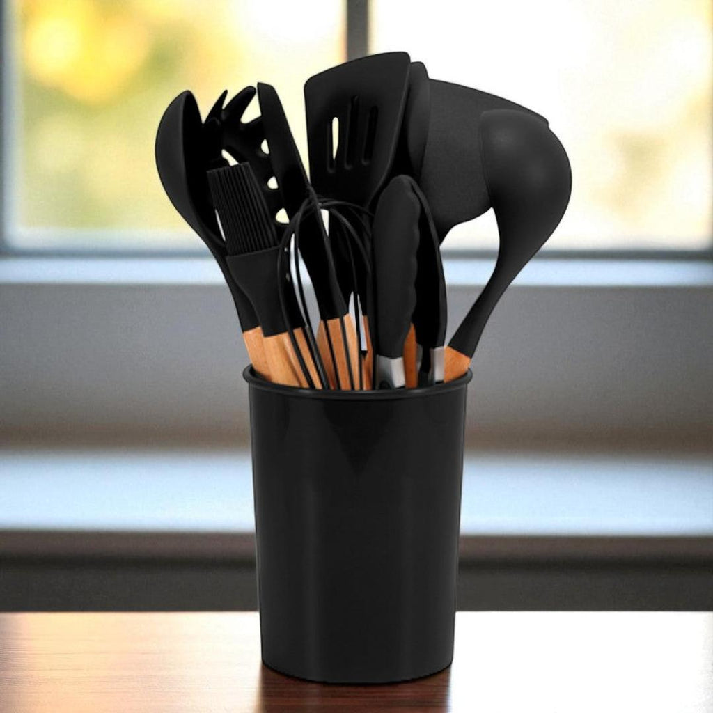 12 Piece Silicone Kitchen Utensil Set with Bamboo Handles