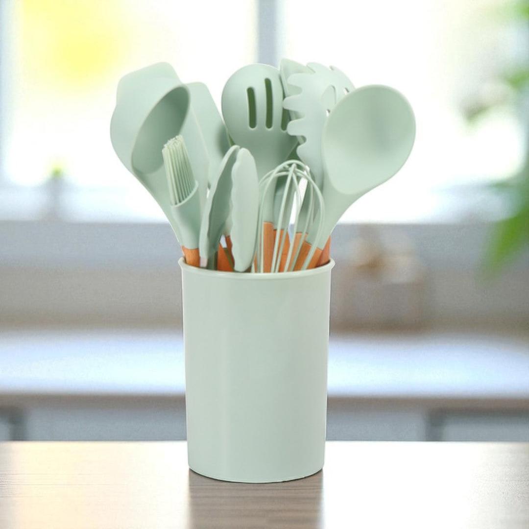 12 Piece Silicone Kitchen Utensil Set with Bamboo Handles