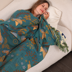 Reversible Cotton Throw with Birds and Botanical Pattern