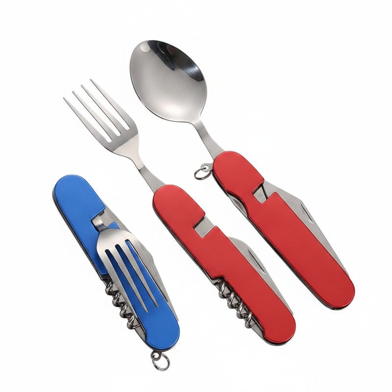 Folding Camping Cutlery Set with Spoon, Fork, Knife and Opener