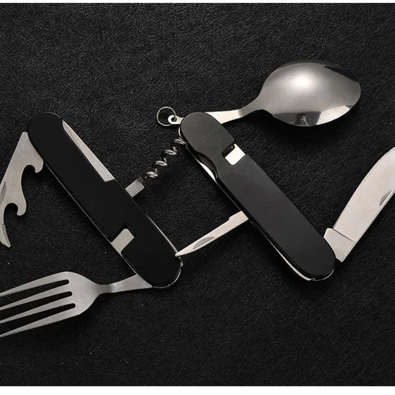 Folding Camping Cutlery Set with Spoon, Fork, Knife and Opener