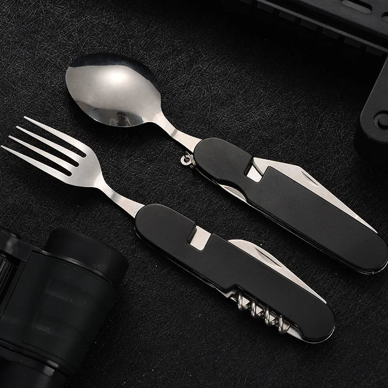 Folding Camping Cutlery Set with Spoon, Fork, Knife and Opener