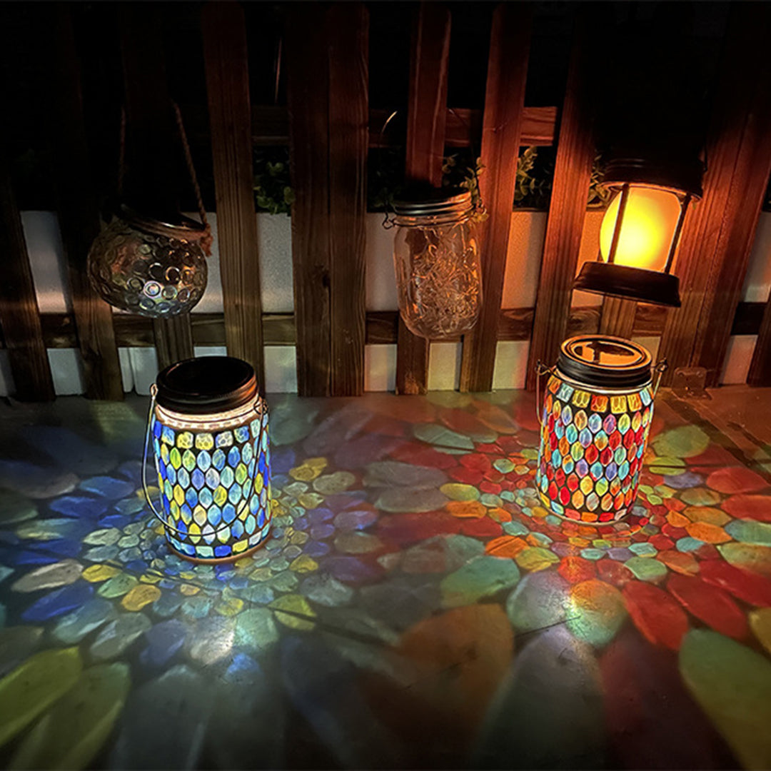 Solar Mosaic Glass Lantern with Coloured Light Effect, IP65