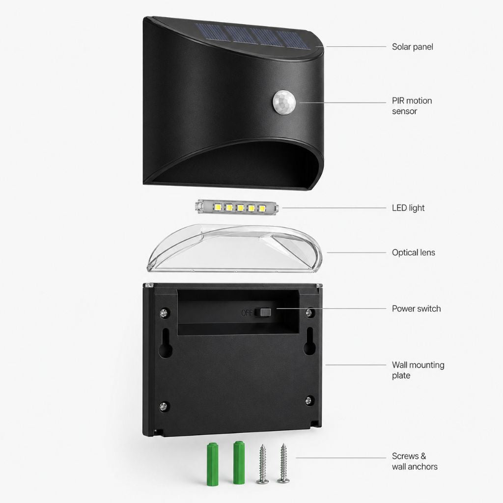 Solar Outdoor Wall Light with PIR Motion Sensor and IP65 Rating