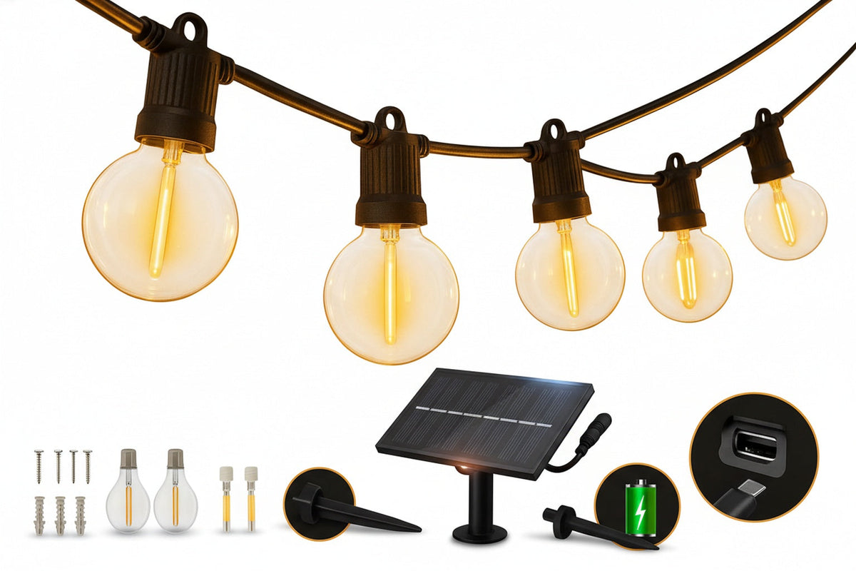 Solar Festoon String Lights 30 m, 50 G40 LED Bulbs, USB-C