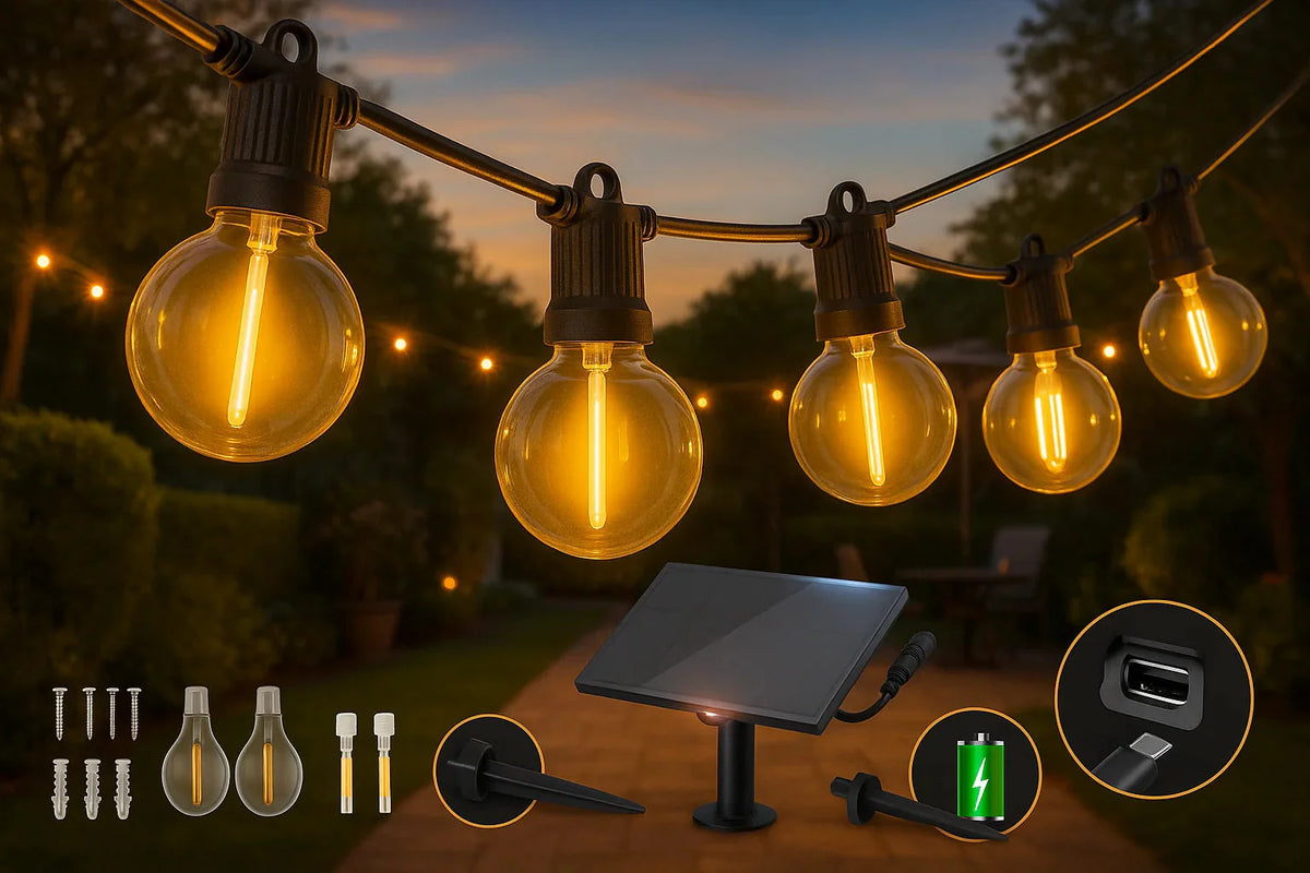 Solar Festoon String Lights 30 m, 50 G40 LED Bulbs, USB-C