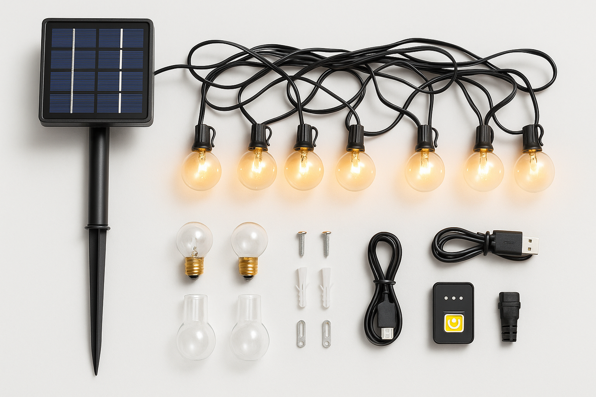 Solar Festoon String Lights 30 m, 50 G40 LED Bulbs, USB-C