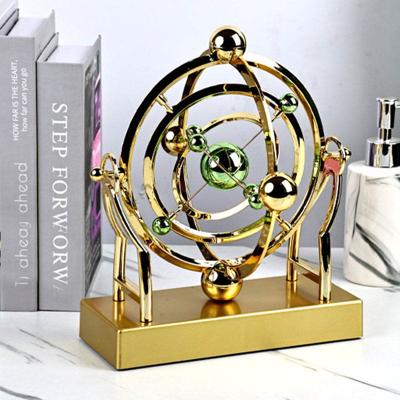 Kinetic Metal Sculpture with Rotating Orbits, Gold Finish