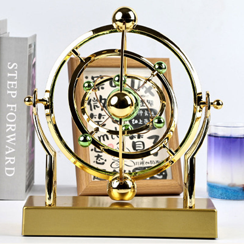 Kinetic Metal Sculpture with Rotating Orbits, Gold Finish