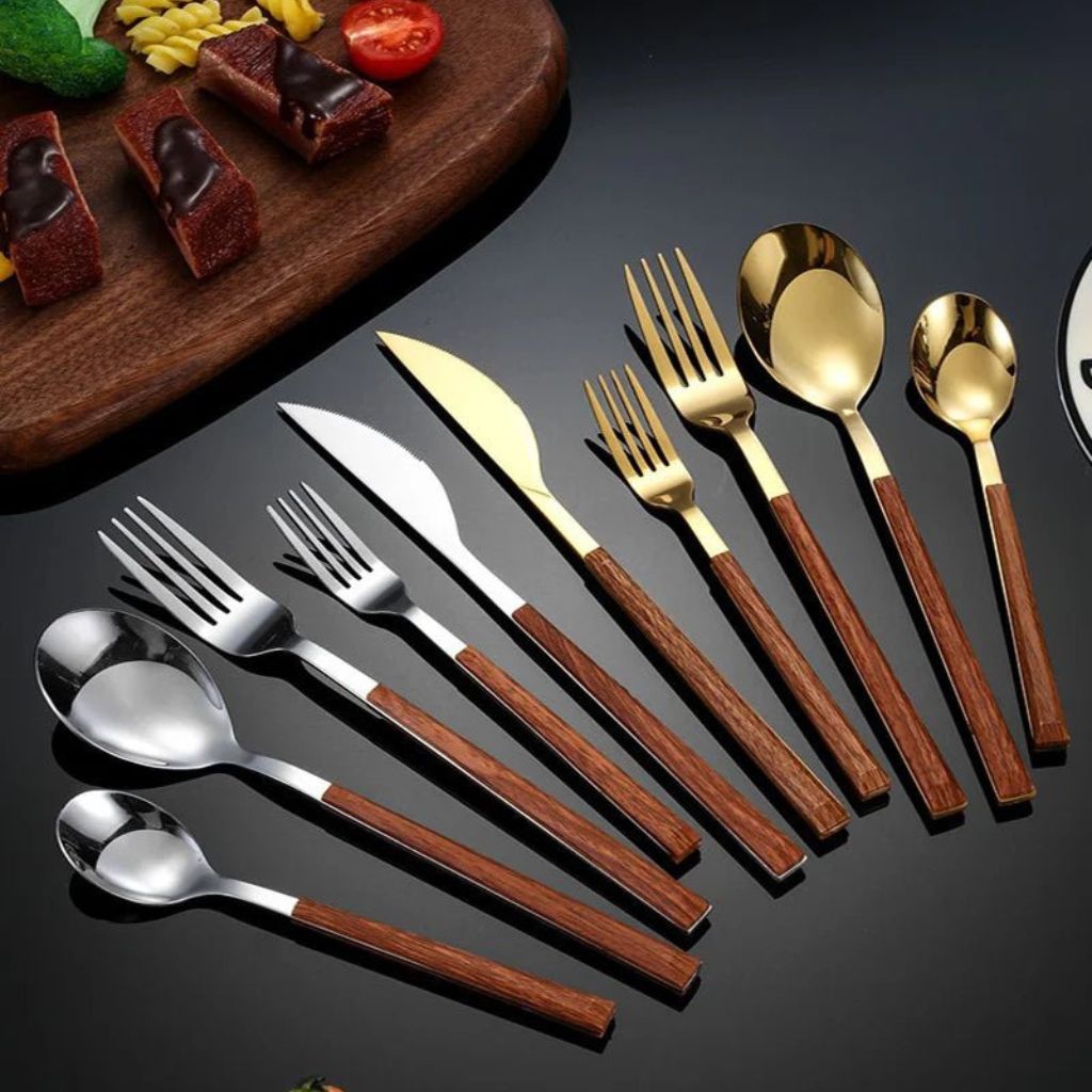 30-Piece Stainless Steel Cutlery Set, Wood-Look Handles