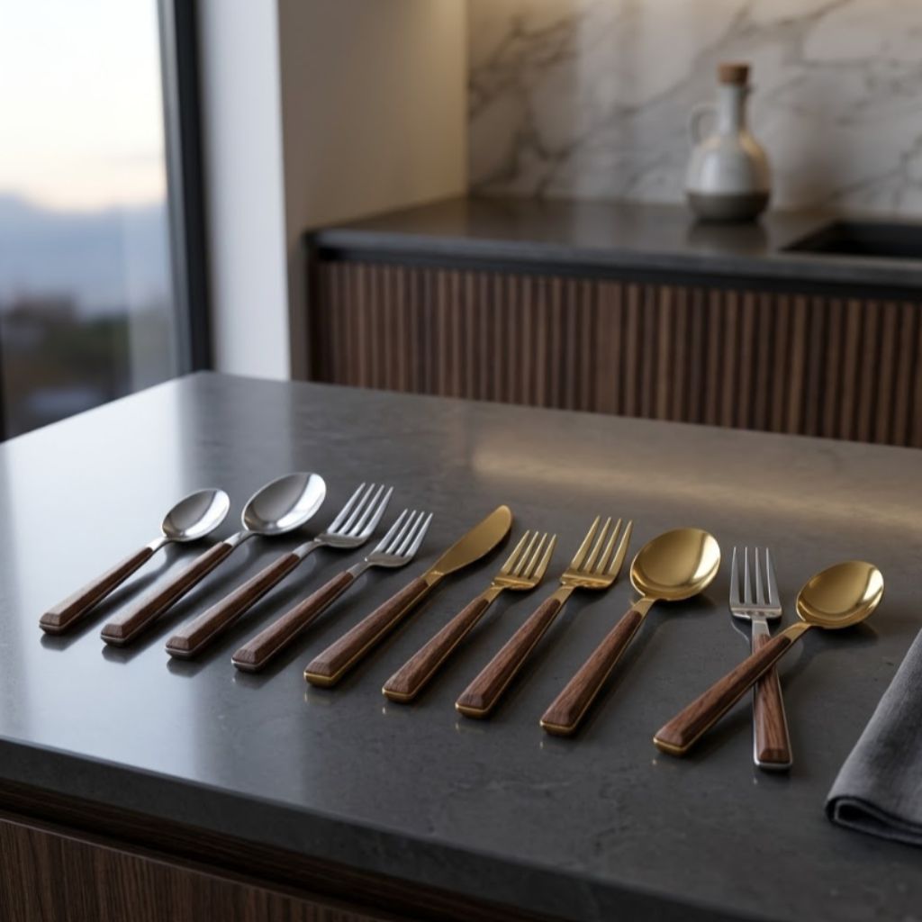30-Piece Stainless Steel Cutlery Set, Wood-Look Handles