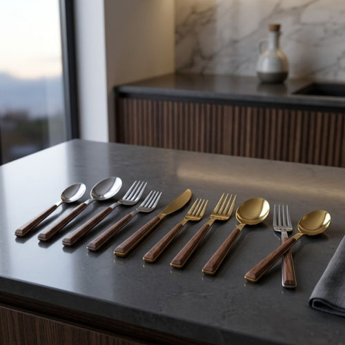 30-Piece Stainless Steel Cutlery Set, Wood-Look Handles