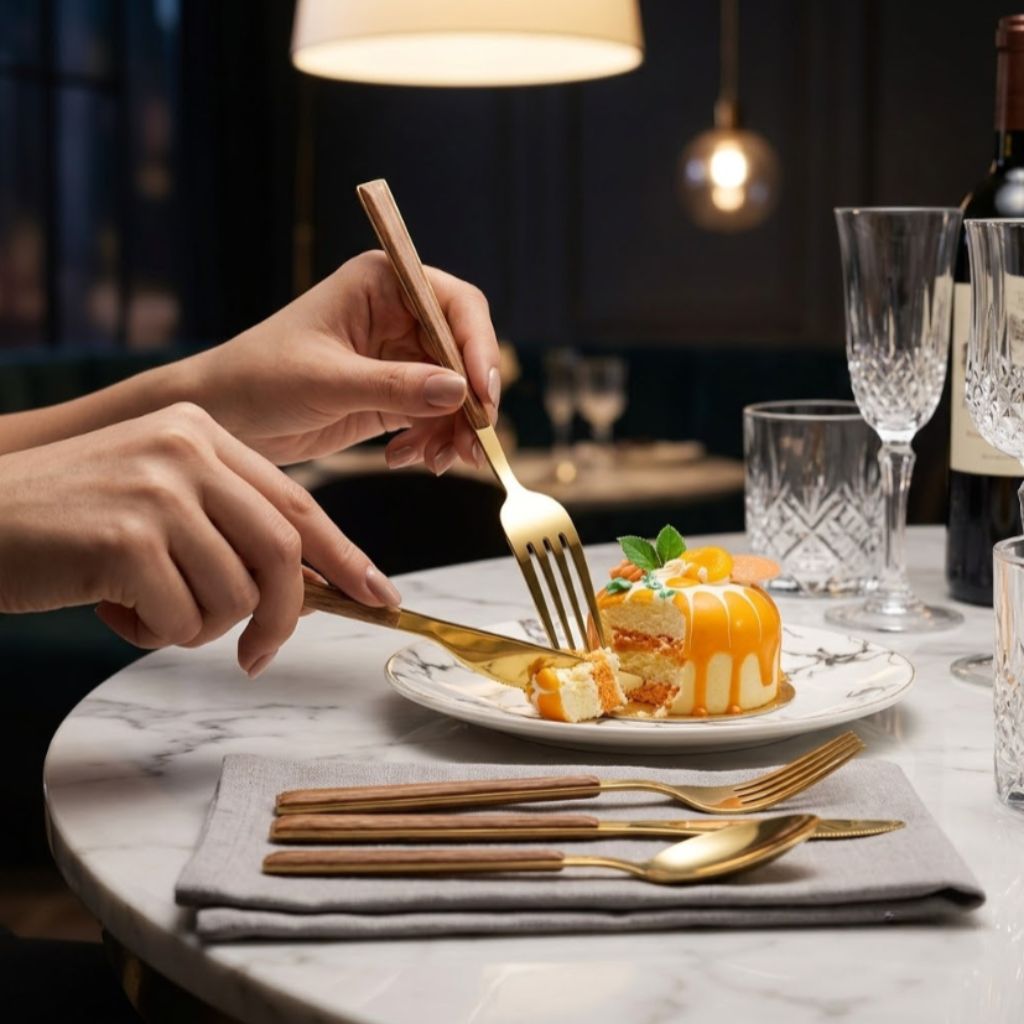 30-Piece Stainless Steel Cutlery Set, Wood-Look Handles