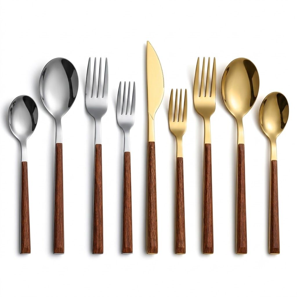 30-Piece Stainless Steel Cutlery Set, Wood-Look Handles