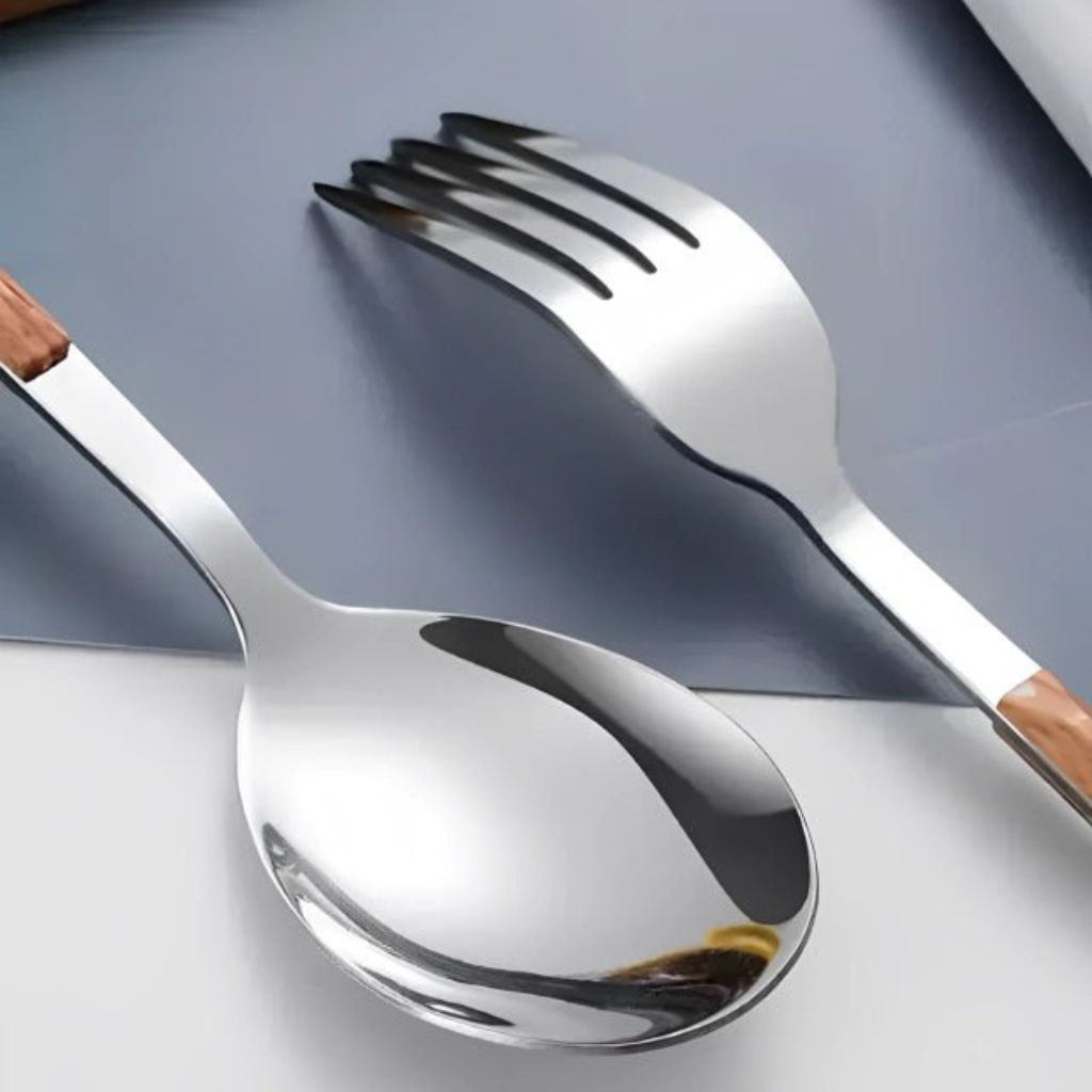 30-Piece Stainless Steel Cutlery Set, Wood-Look Handles