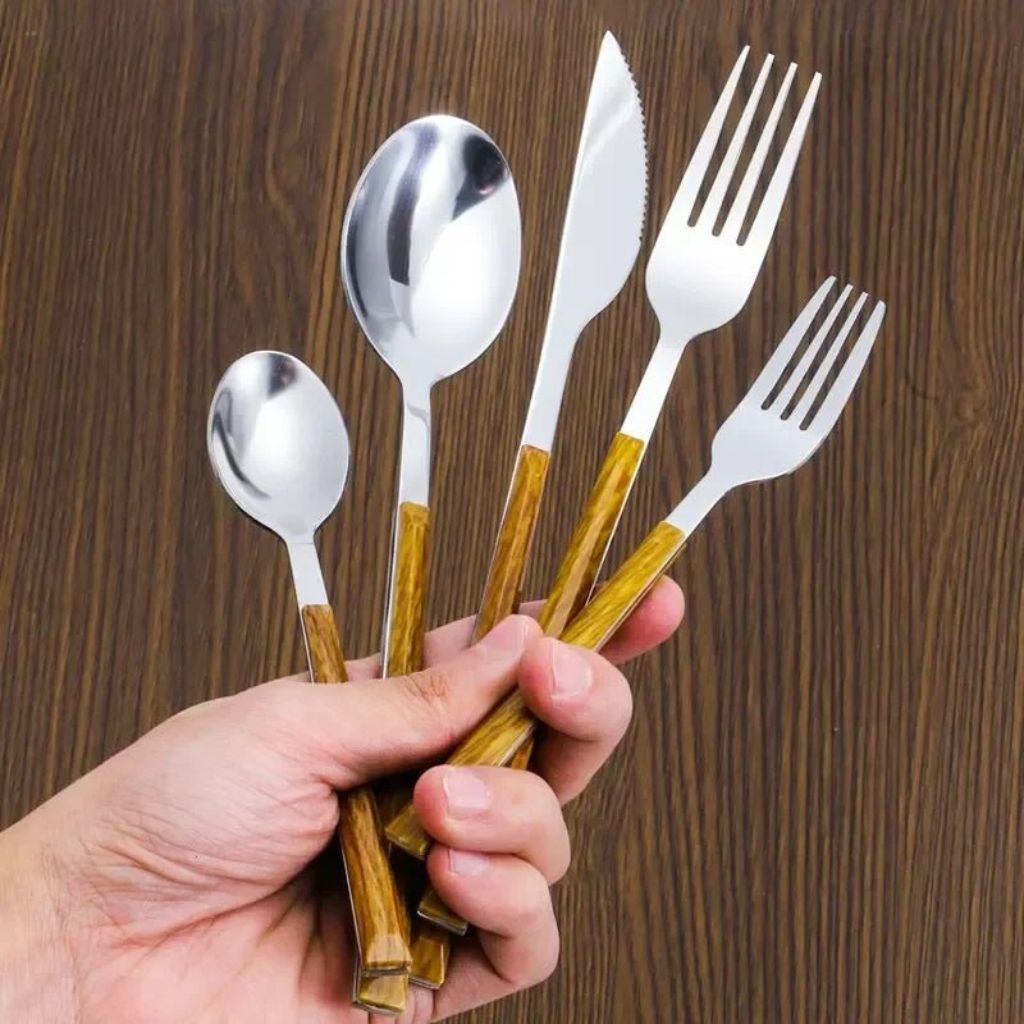 30-Piece Stainless Steel Cutlery Set, Wood-Look Handles