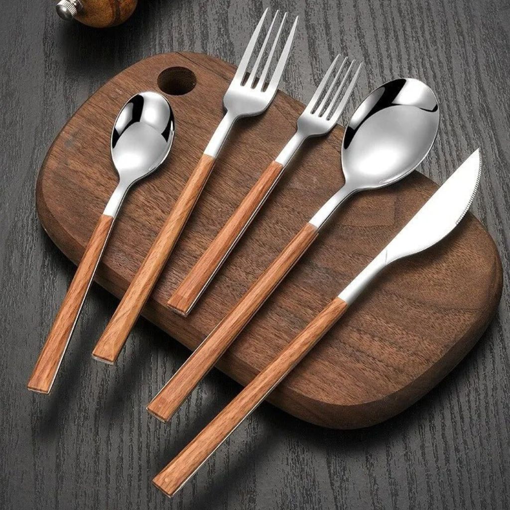30-Piece Stainless Steel Cutlery Set, Wood-Look Handles