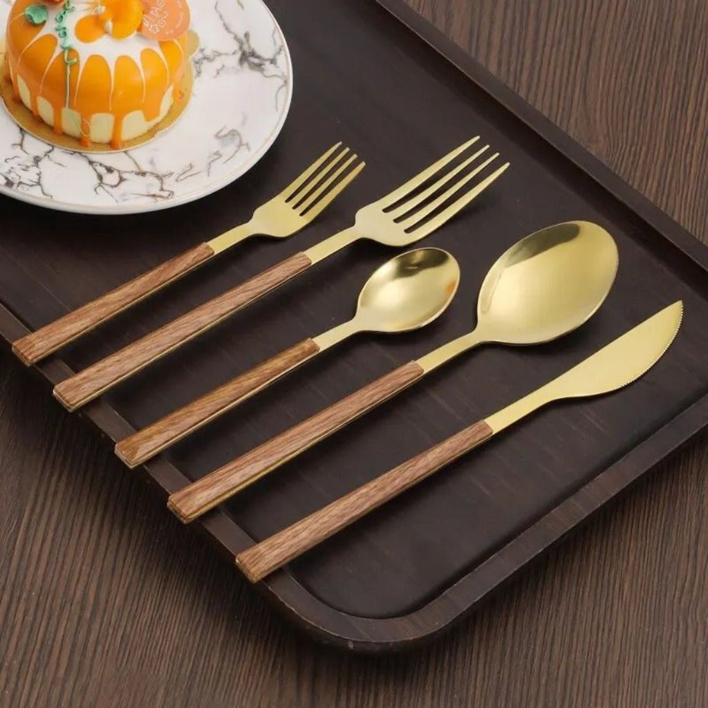 30-Piece Stainless Steel Cutlery Set, Wood-Look Handles