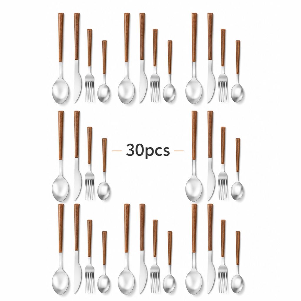 30-Piece Stainless Steel Cutlery Set, Wood-Look Handles