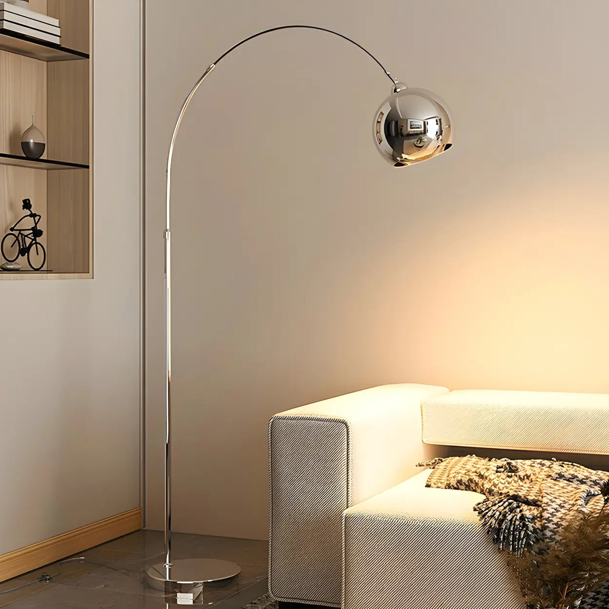 Chrome Arc Floor Lamp 180cm, Adjustable Arm, E27, Foot Switch