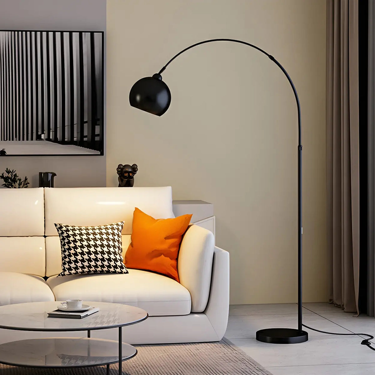 Chrome Arc Floor Lamp 180cm, Adjustable Arm, E27, Foot Switch