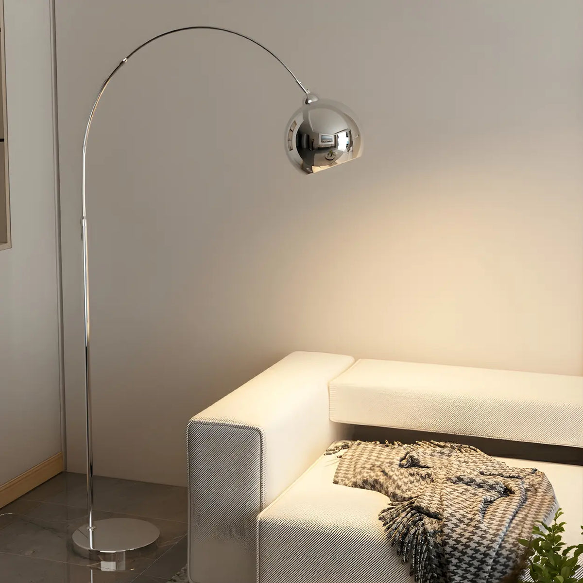 Chrome Arc Floor Lamp 180cm, Adjustable Arm, E27, Foot Switch
