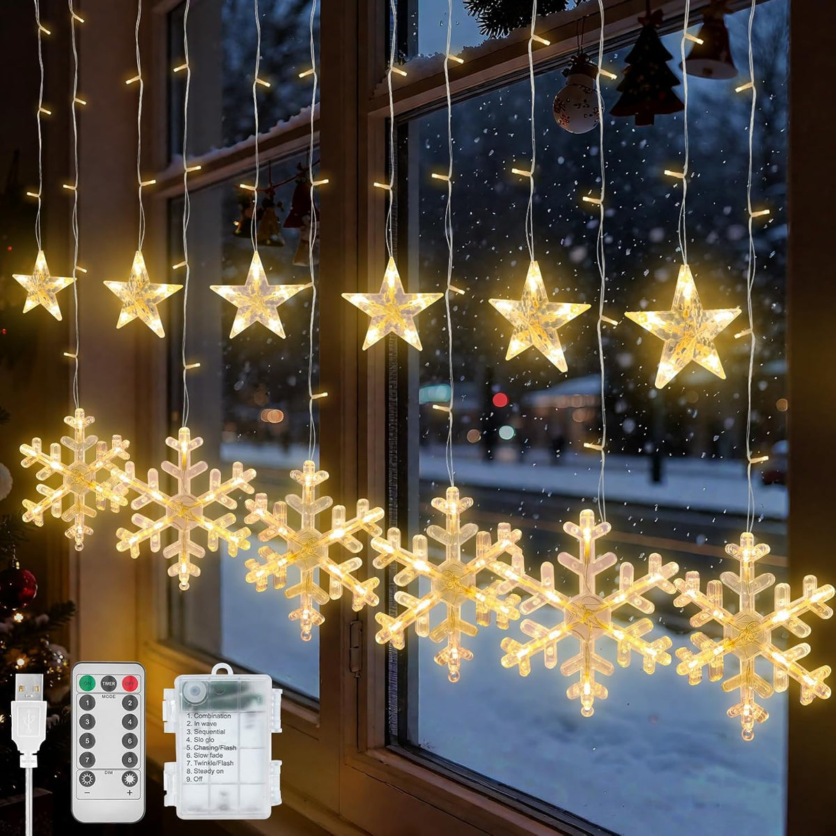 Star and Snowflake LED Curtain Lights with Remote, 3.5 m