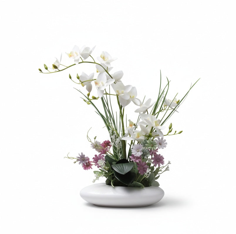 Faux Orchid Arrangement in Ceramic Ikebana Vase, 30 cm