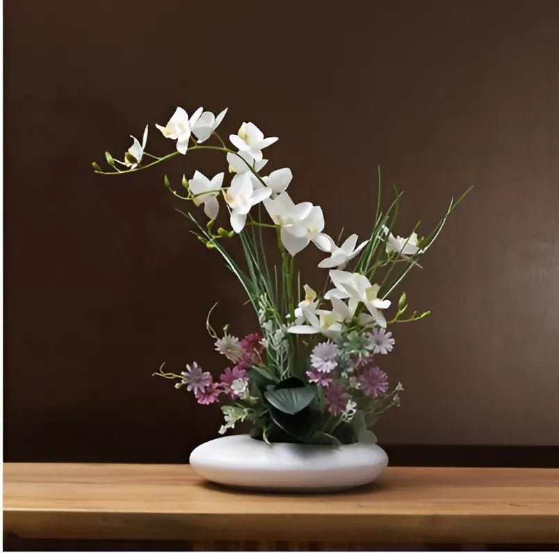 Faux Orchid Arrangement in Ceramic Ikebana Vase, 30 cm