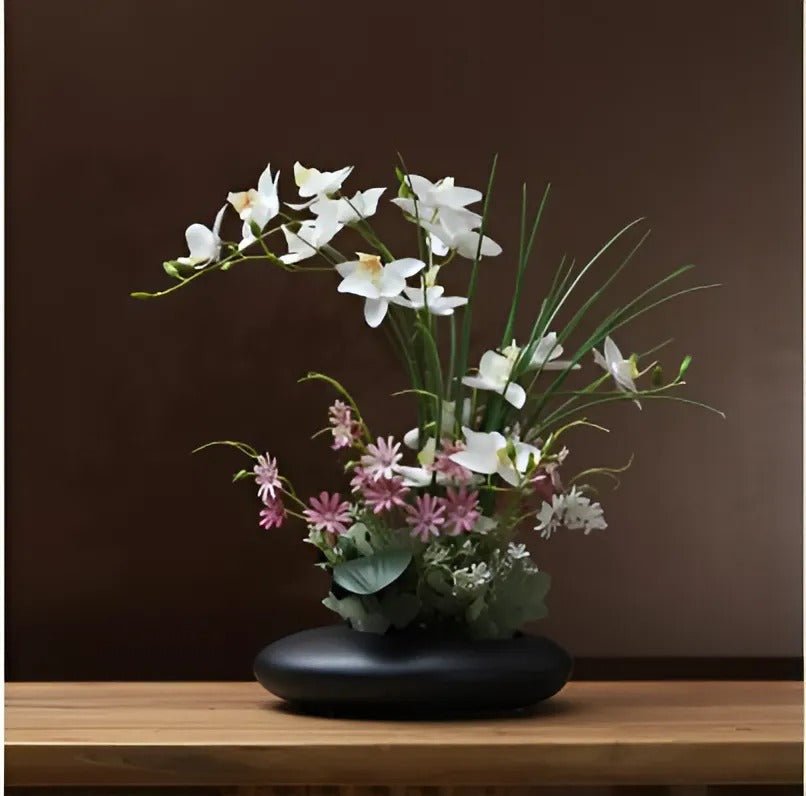 Faux Orchid Arrangement in Ceramic Ikebana Vase, 30 cm