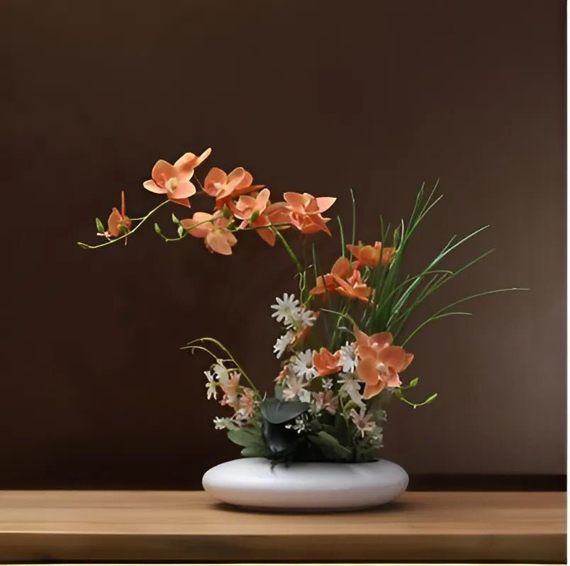 Faux Orchid Arrangement in Ceramic Ikebana Vase, 30 cm