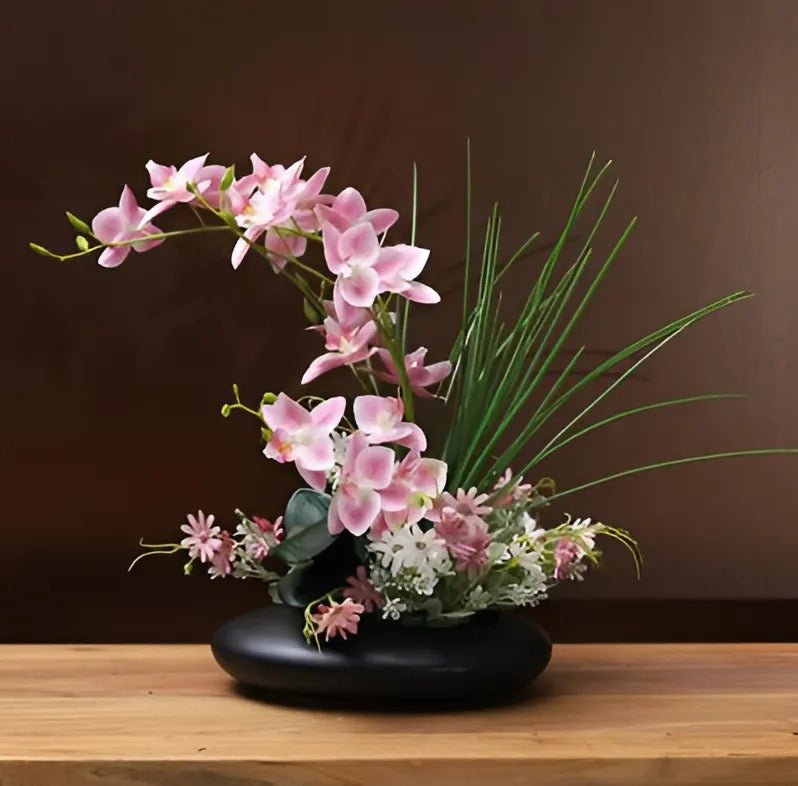 Faux Orchid Arrangement in Ceramic Ikebana Vase, 30 cm