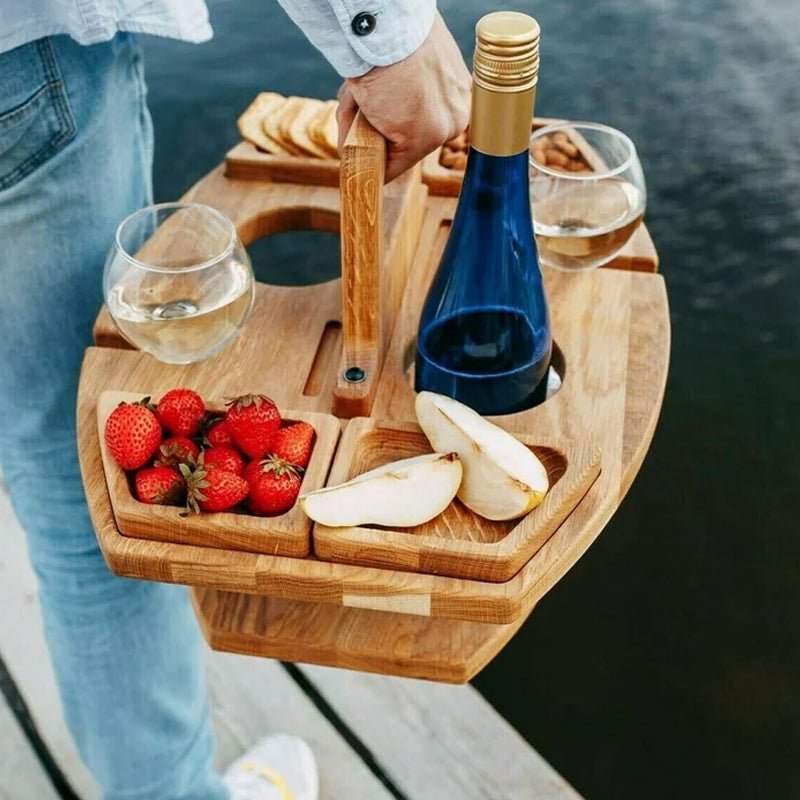 Wooden Wine and Aperitif Table for Picnics and Garden Evenings