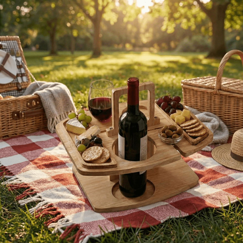 Wooden Wine and Aperitif Table for Picnics and Garden Evenings