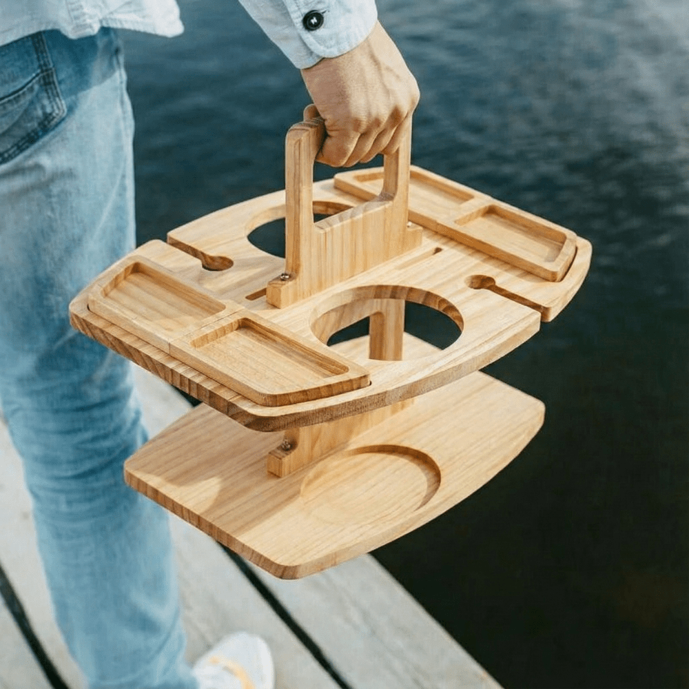 Wooden Wine and Aperitif Table for Picnics and Garden Evenings