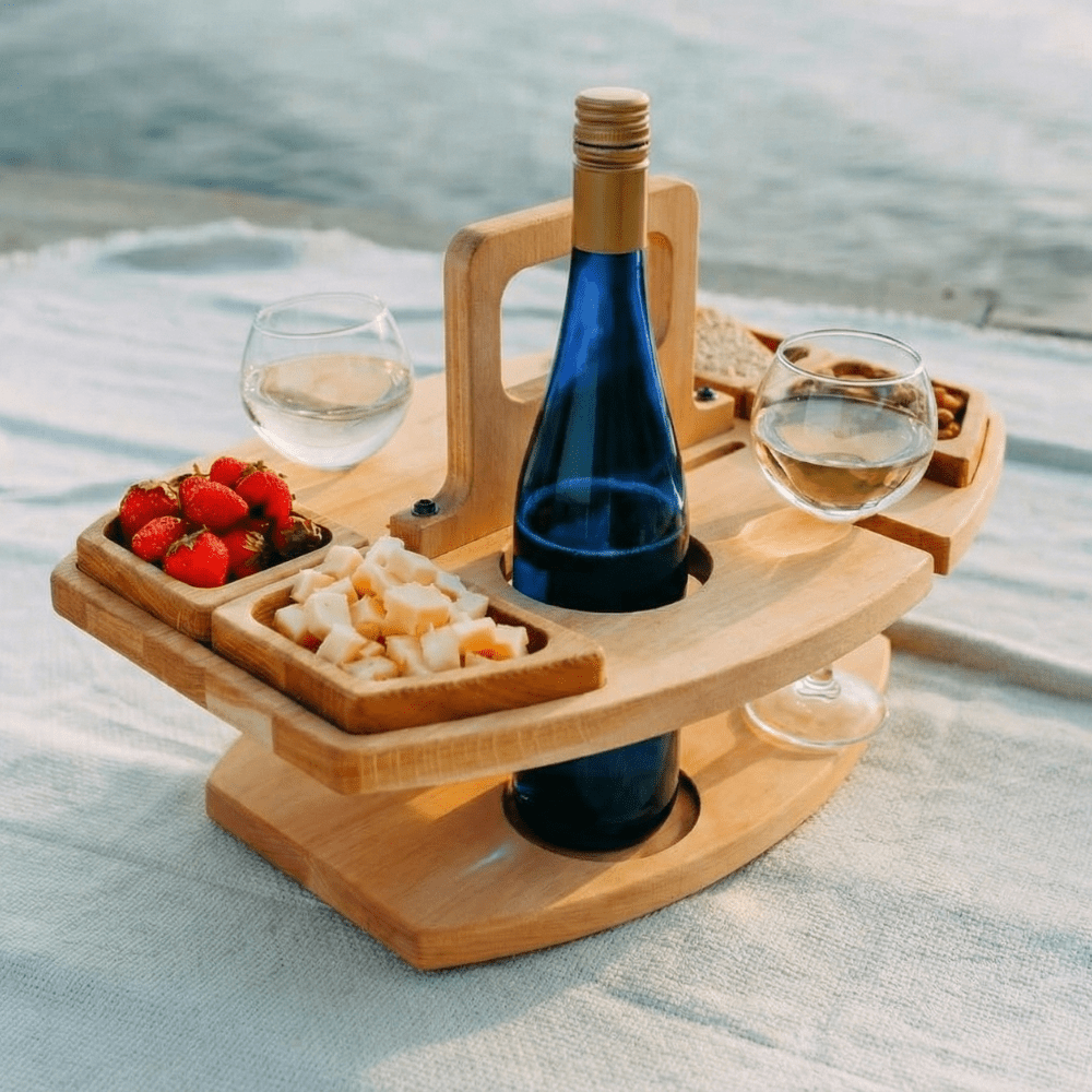 Wooden Wine and Aperitif Table for Picnics and Garden Evenings